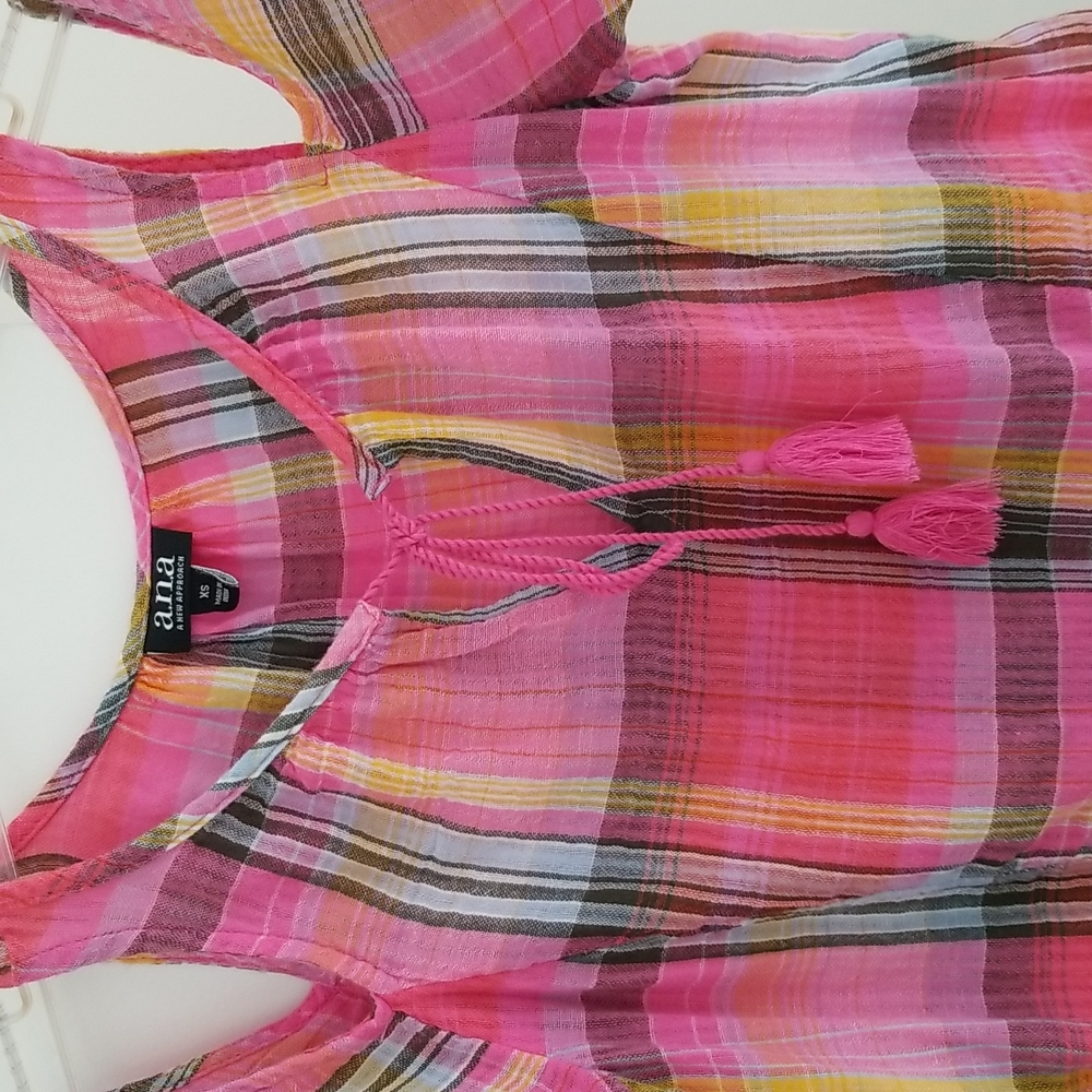 Pink Plaid Madras Open Shoulder Short Sleeved Bohemian Top with Tassel Ties - Picture 3 of 9